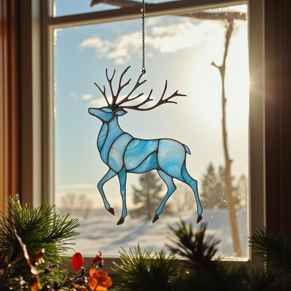 Christmas Reindeer Stained Glass Suncatcher – Blue Winter Window Hanging, Fathers Day Gift for Dad Mom - Image 1
