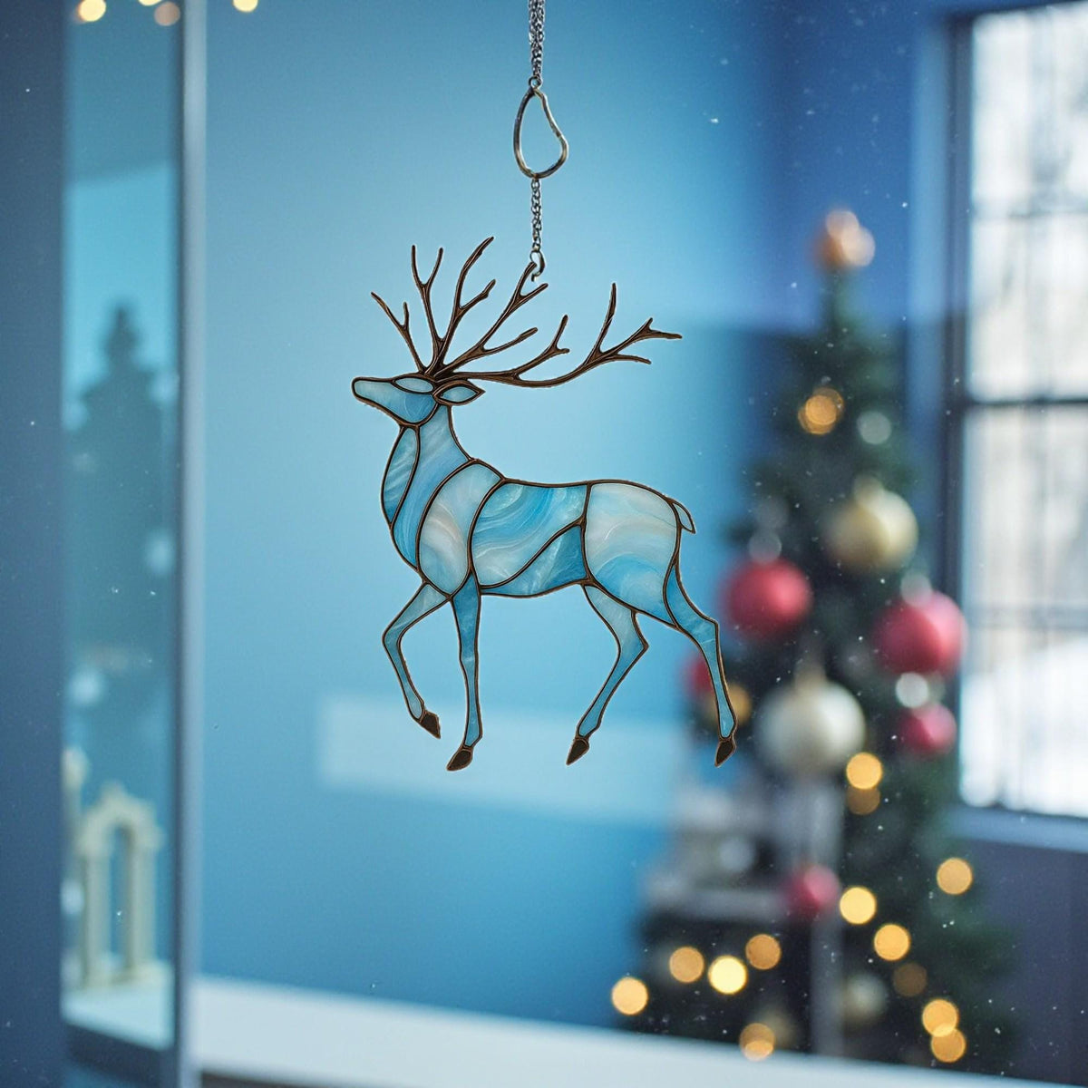 Christmas Reindeer Stained Glass Suncatcher – Blue Winter Window Hanging, Fathers Day Gift for Dad Mom - Image 9