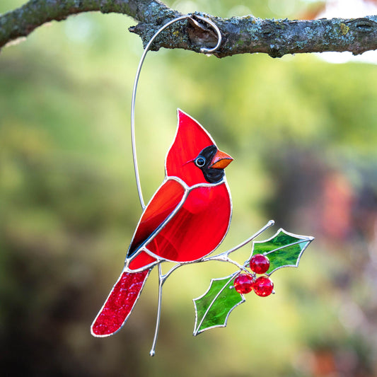 Cardinal stained glass bird Godfather gift Cardinal ornament stained glass suncatcher Bird lover gifts stained glass window hangings - Image 1