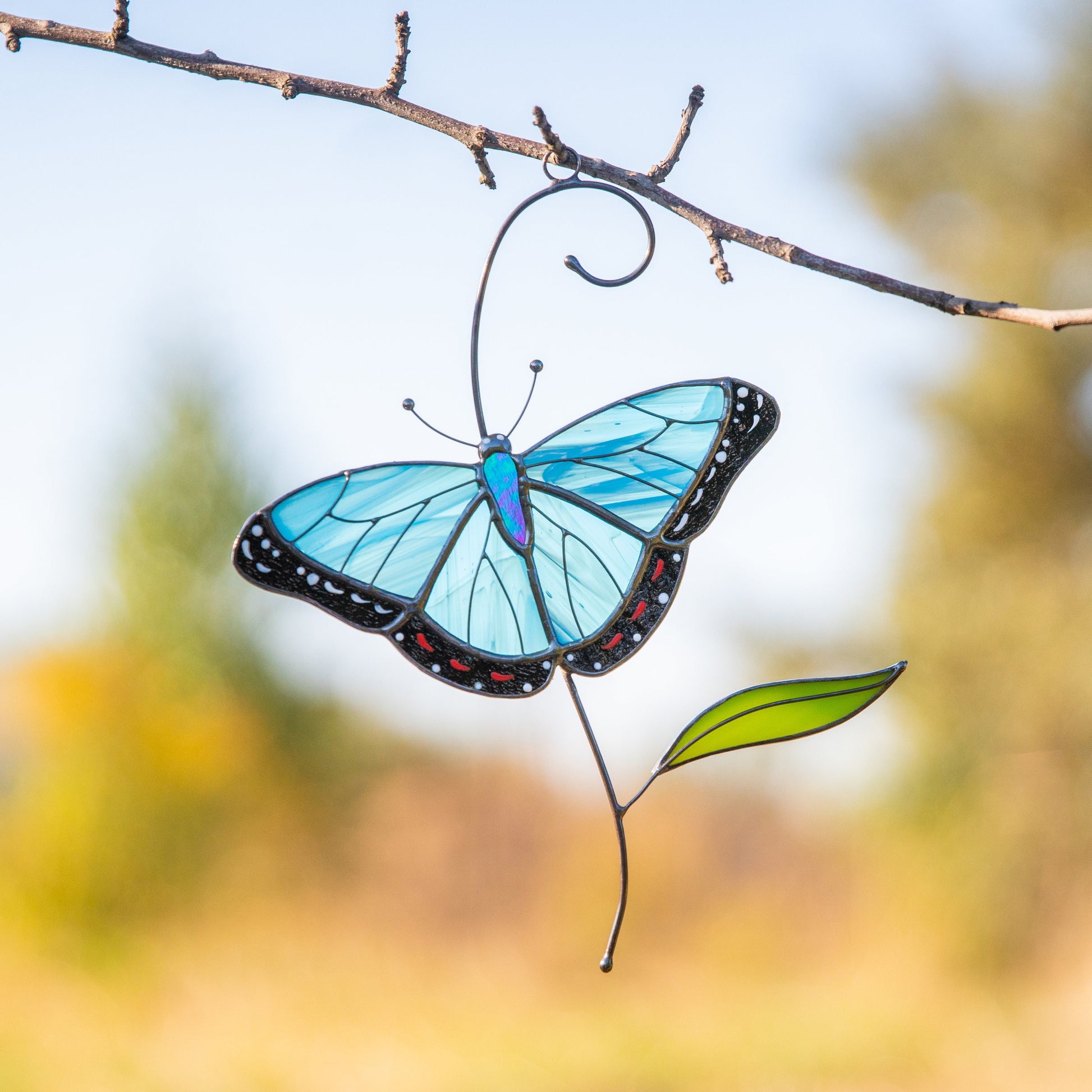 Blue moprho Butterfly stained glass window hangings Godmother gift Butterfly artwork Modern stained glass butterfly Custom suncatcher - Image 1