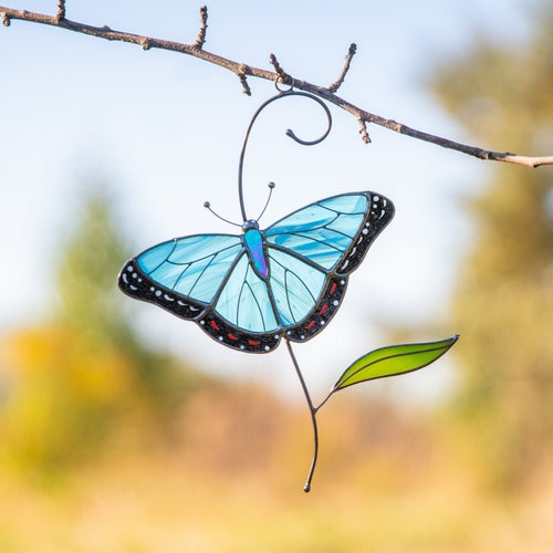 Blue moprho Butterfly stained glass window hangings Godmother gift Butterfly artwork Modern stained glass butterfly Custom suncatcher - Image 1
