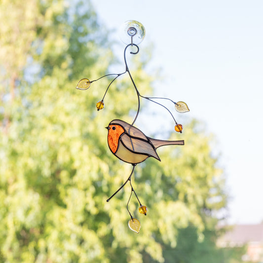 Robin bird stained glass window hangings House warming gifts new home Stained glass bird suncatcher - Image 1