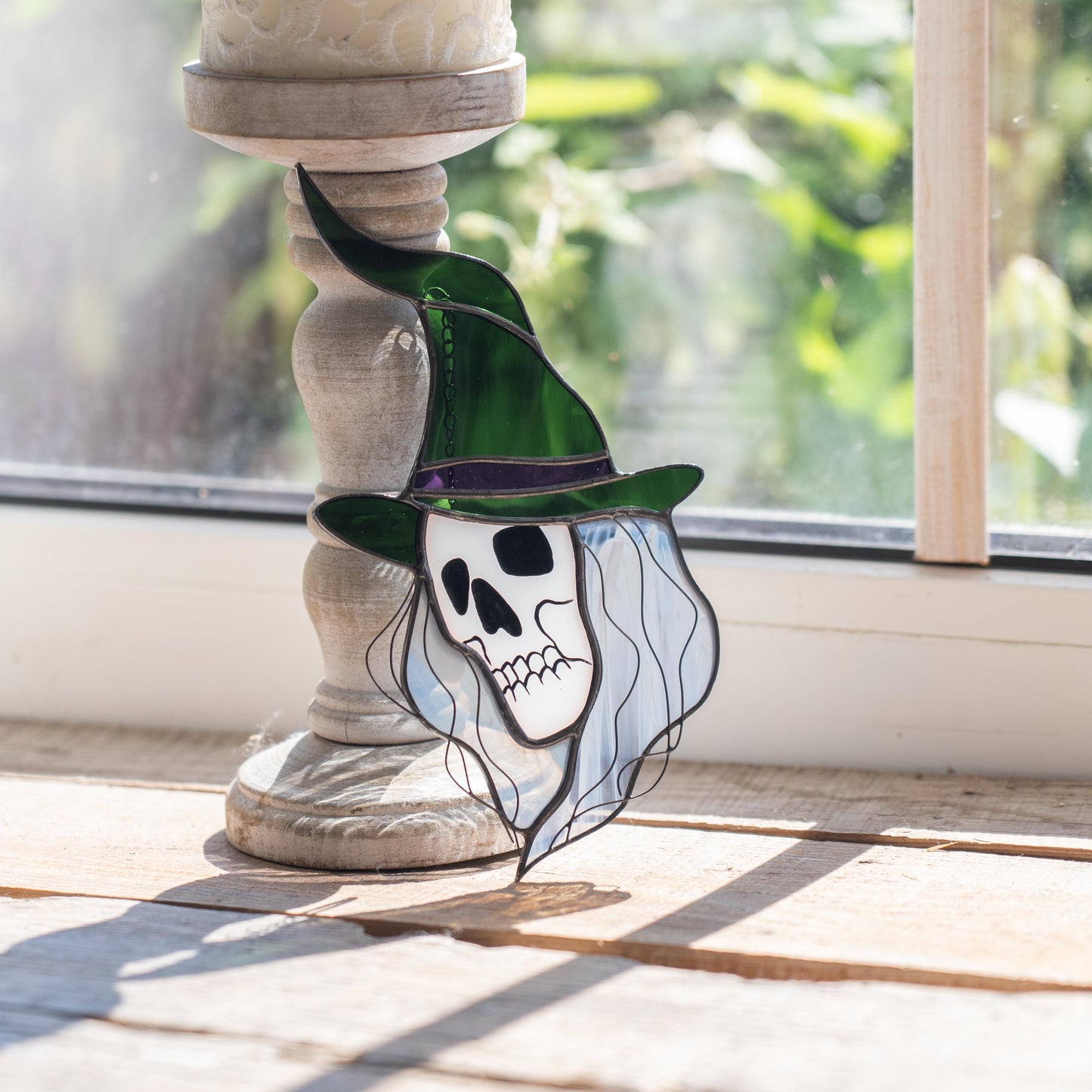 Stained glass witch suncatcher Witchy skull decor window hanging - Image 6