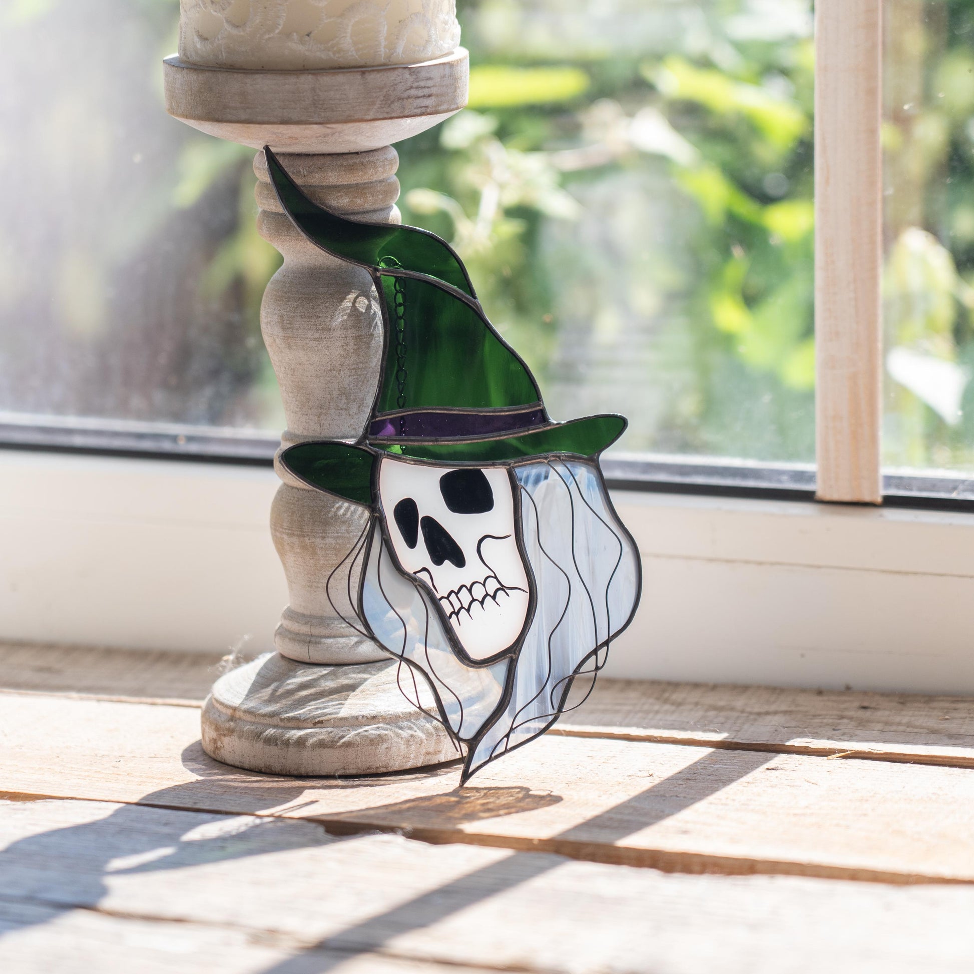 Stained glass witch suncatcher Witchy skull decor window hanging - Image 6