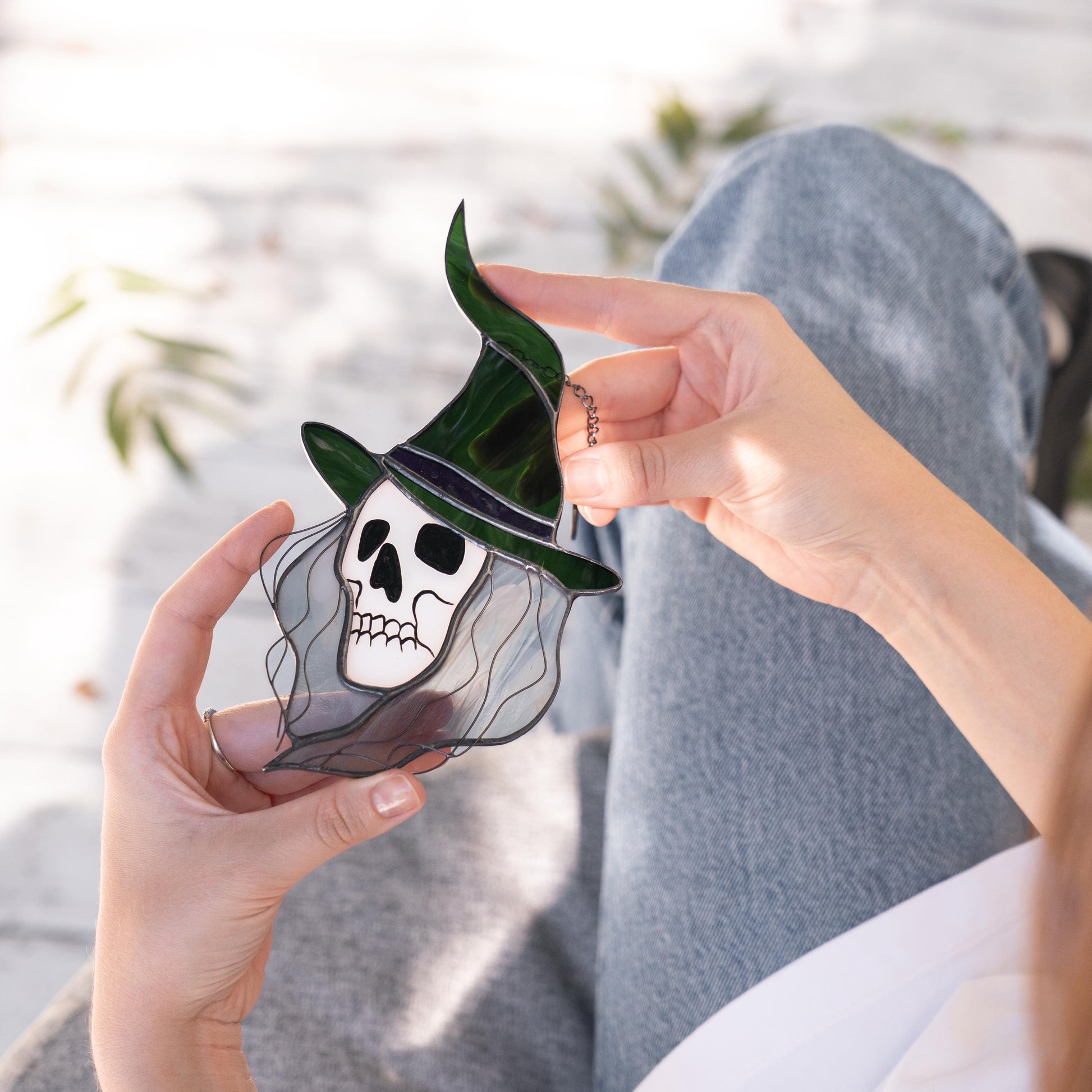 Stained glass witch suncatcher Witchy skull decor window hanging - Image 10