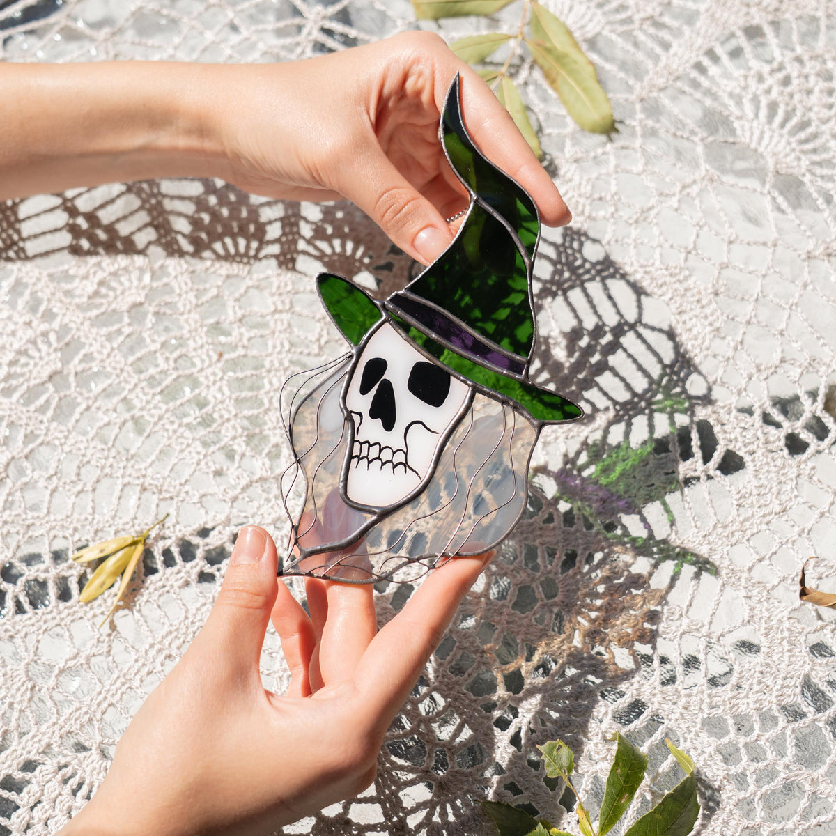 Stained glass witch suncatcher Witchy skull decor window hanging - Image 7