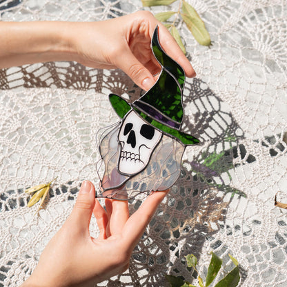 Stained glass witch suncatcher Witchy skull decor window hanging - Image 7