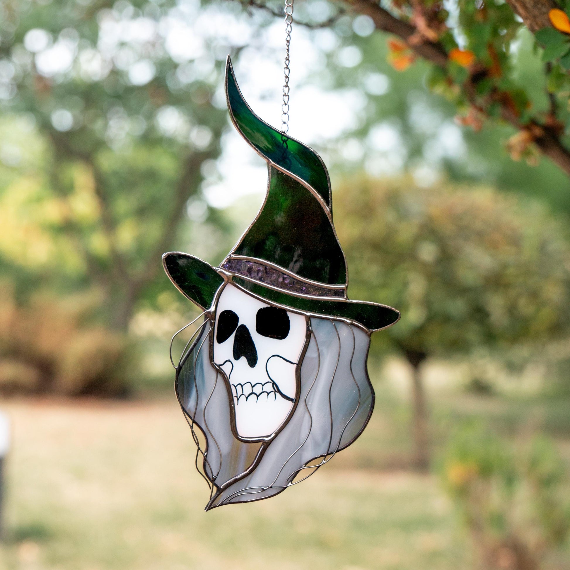 Stained glass witch suncatcher Witchy skull decor window hanging - Image 5
