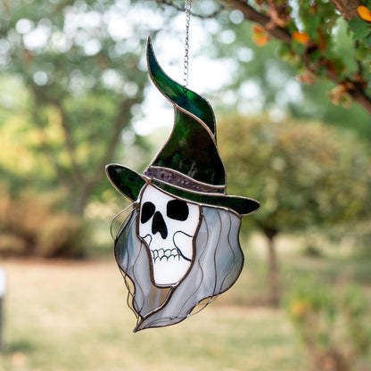 Stained glass witch suncatcher Witchy skull decor window hanging - Image 5