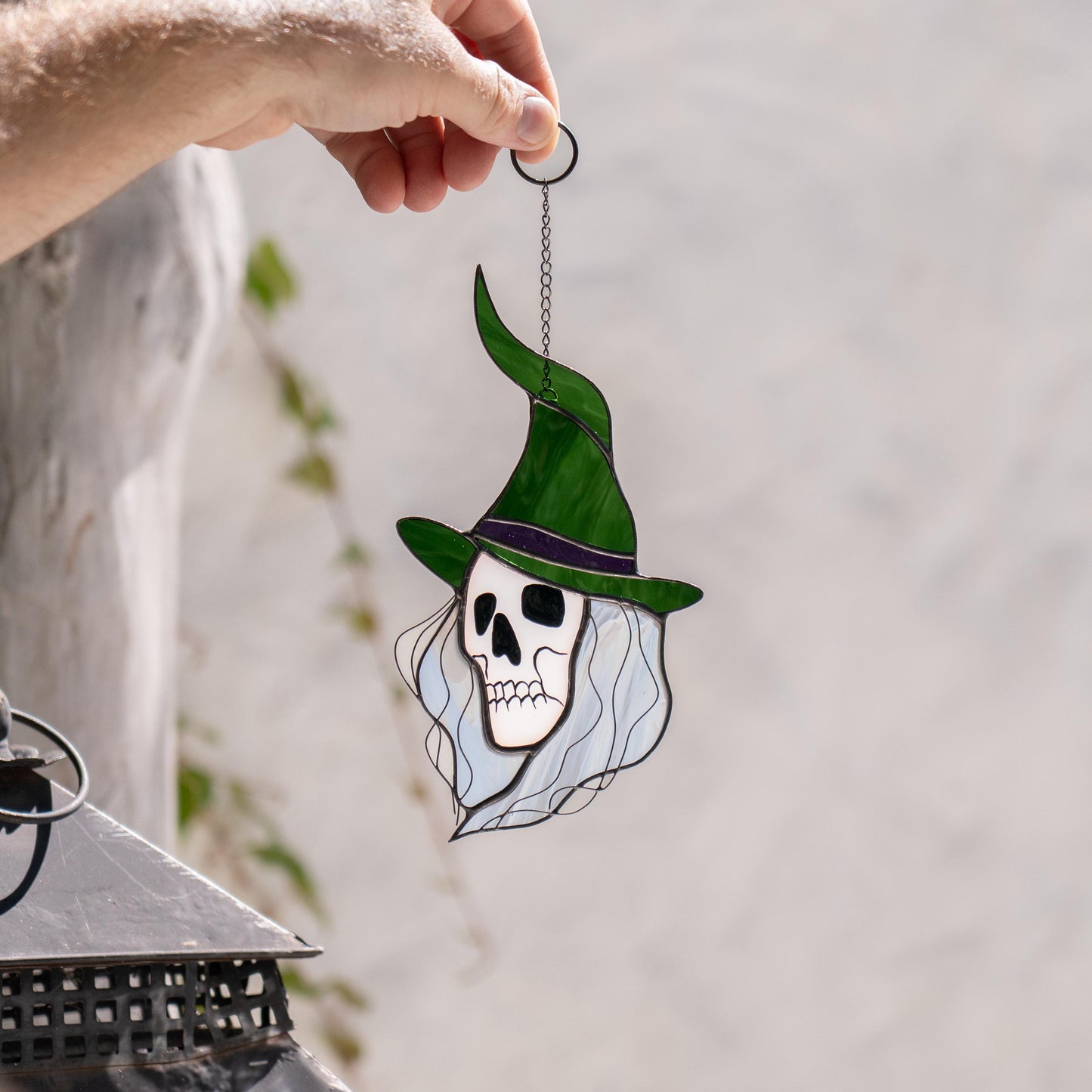 Stained glass witch suncatcher Witchy skull decor window hanging - Image 11