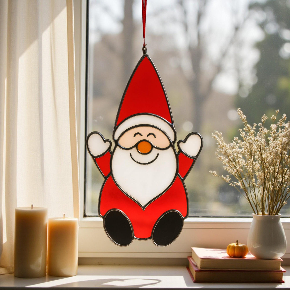 Handmade Stained Glass Santa Ornament – Minimal Cut Santa Glass Art | Christmas Window Hanging Gift - Image 14