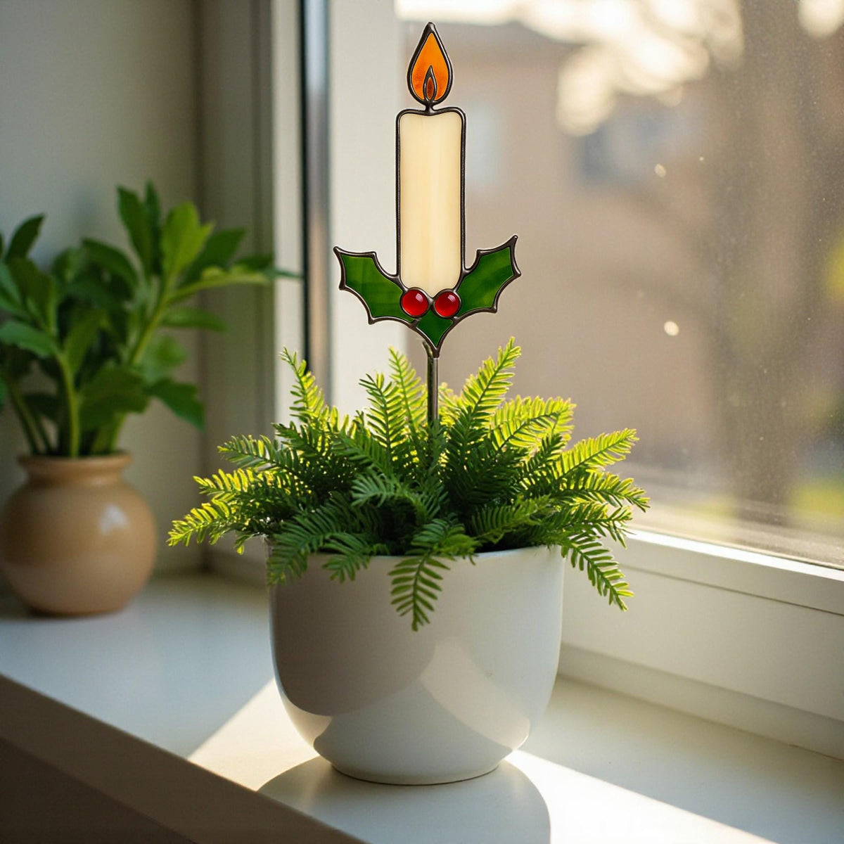 Stained Glass Candle Ornament – Handmade Christmas or Memorial Light | Holiday Window Hanging & Plant Stake Gift - Image 9