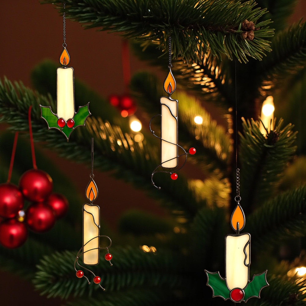 Stained Glass Candle Ornament – Handmade Christmas or Memorial Light | Holiday Window Hanging & Plant Stake Gift - Image 2