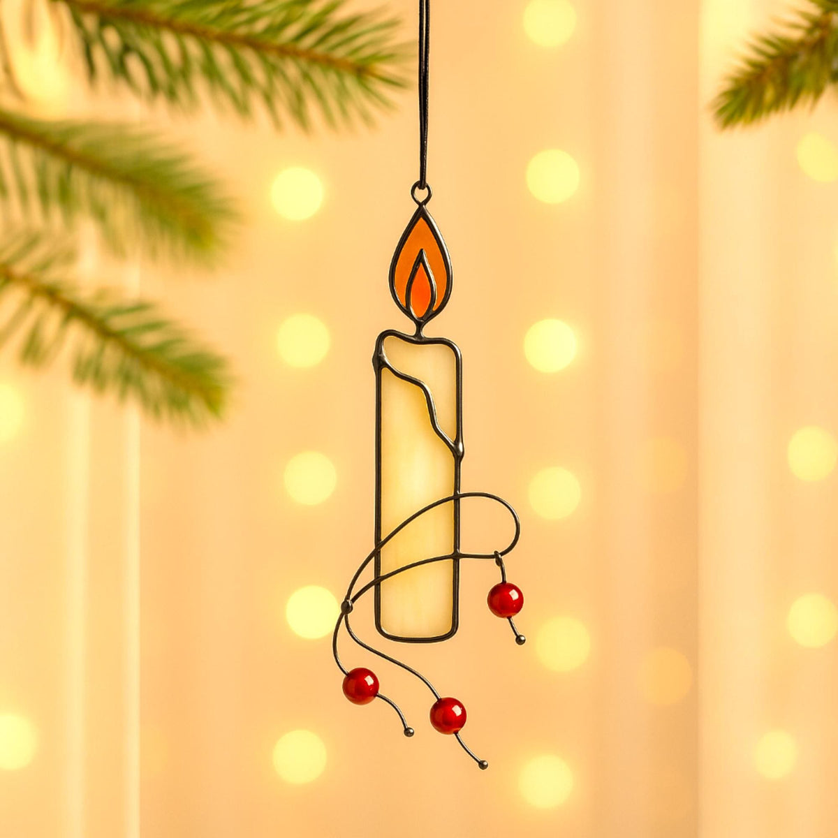 Stained Glass Candle Ornament – Handmade Christmas or Memorial Light | Holiday Window Hanging & Plant Stake Gift - Image 6