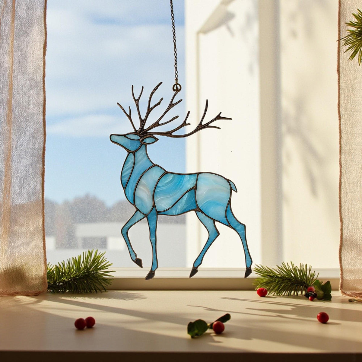 Christmas Reindeer Stained Glass Suncatcher – Blue Winter Window Hanging, Fathers Day Gift for Dad Mom - Image 7