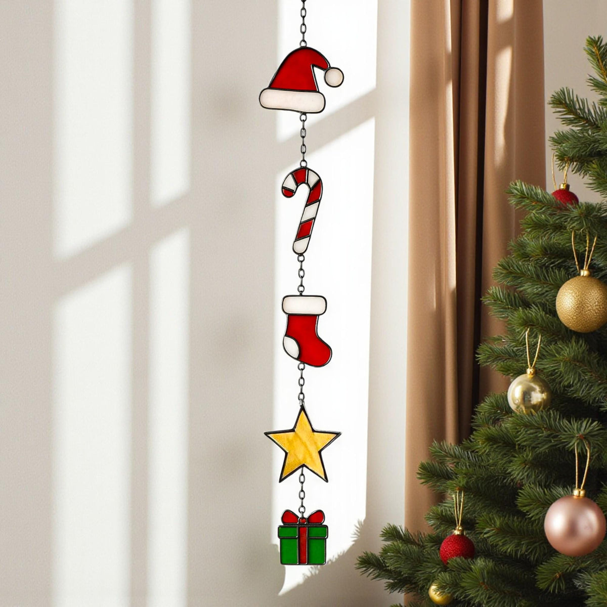 Stained Glass Christmas Suncatcher Set | Holiday Window Hanging | Christmas Tree Ornament | Handmade Glass Decor Gift - Image 8