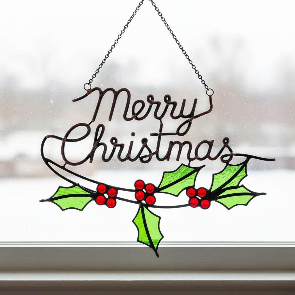 Merry Christmas Wreath Stained Glass Look Metal Sign–Holly Leaves & Red Berries Holiday Door or Window Hanging–Handmade Christmas Décor Gift - Image 1