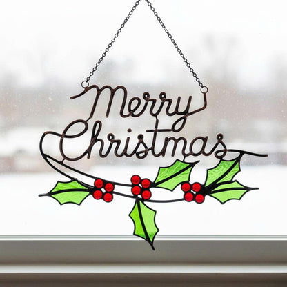 Merry Christmas Wreath Stained Glass Look Metal Sign–Holly Leaves & Red Berries Holiday Door or Window Hanging–Handmade Christmas Décor Gift - Image 1