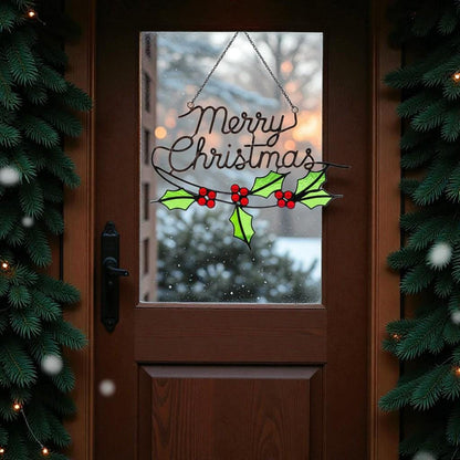 Merry Christmas Wreath Stained Glass Look Metal Sign–Holly Leaves & Red Berries Holiday Door or Window Hanging–Handmade Christmas Décor Gift - Image 9