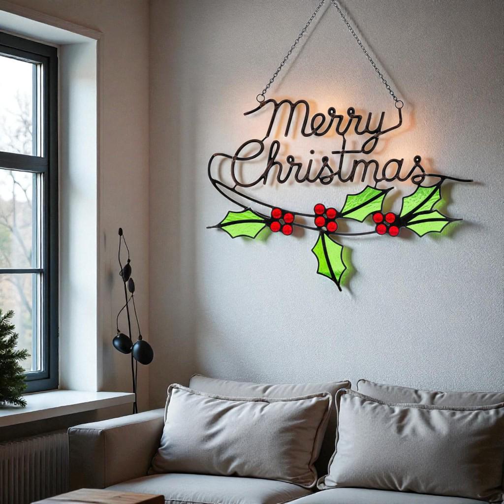 Merry Christmas Wreath Stained Glass Look Metal Sign–Holly Leaves & Red Berries Holiday Door or Window Hanging–Handmade Christmas Décor Gift - Image 10