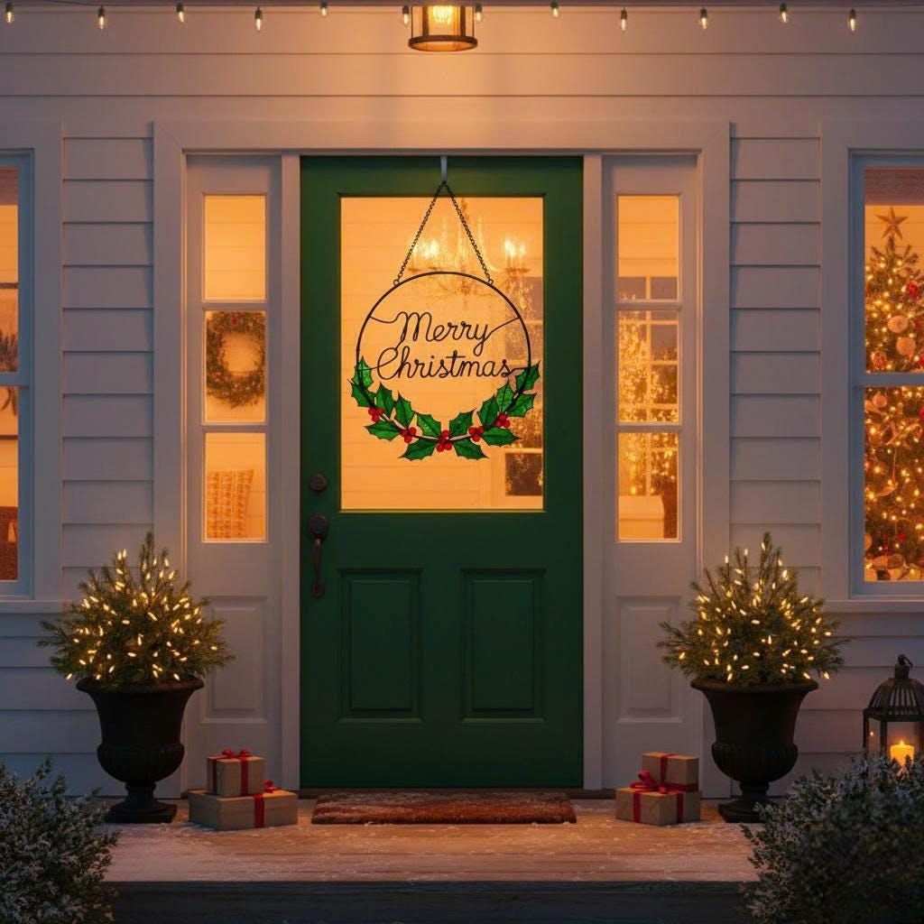 Merry Christmas Wreath Stained Glass Look Metal Sign–Holly Leaves & Red Berries Holiday Door or Window Hanging–Handmade Christmas Décor Gift - Image 14