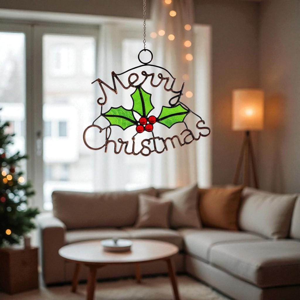 Merry Christmas Wreath Stained Glass Look Metal Sign–Holly Leaves & Red Berries Holiday Door or Window Hanging–Handmade Christmas Décor Gift - Image 16