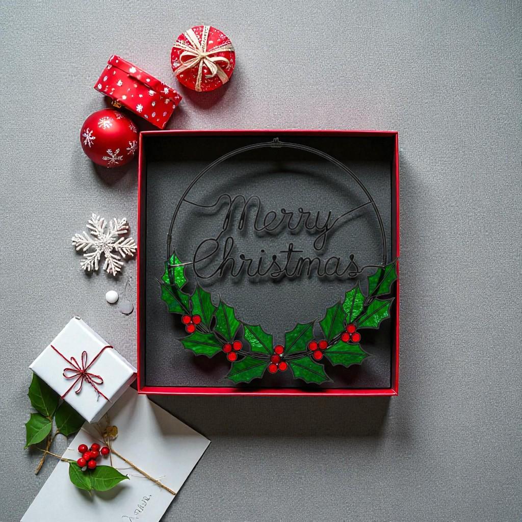 Merry Christmas Wreath Stained Glass Look Metal Sign–Holly Leaves & Red Berries Holiday Door or Window Hanging–Handmade Christmas Décor Gift - Image 20