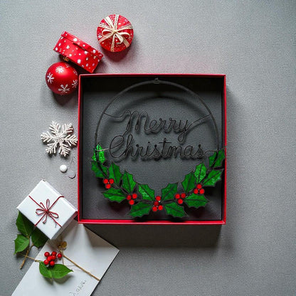 Merry Christmas Wreath Stained Glass Look Metal Sign–Holly Leaves & Red Berries Holiday Door or Window Hanging–Handmade Christmas Décor Gift - Image 20