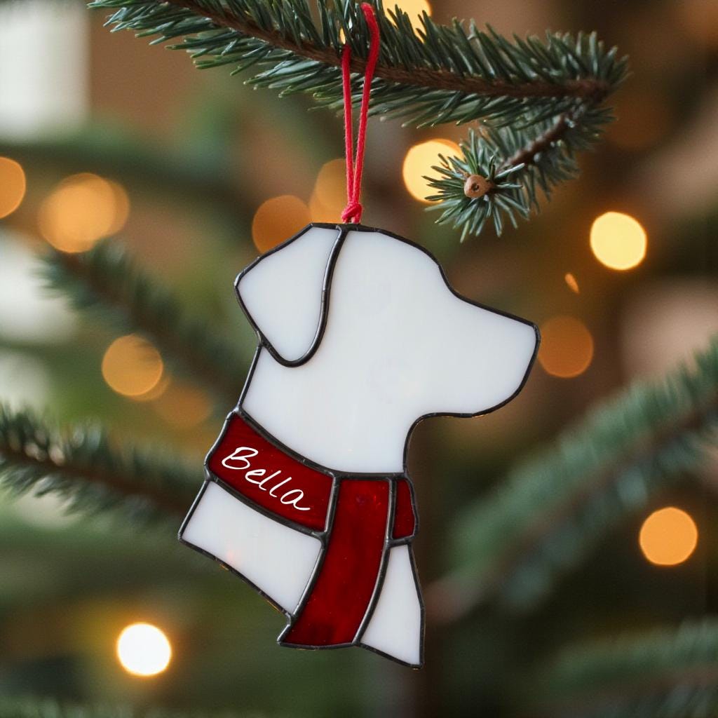 CUSTOM Dog Silhouette Stained Glass Ornament | Personalized Pet Christmas Gift | Dog Head with Scarf Holiday Decor | Free Name Engraving - Image 3