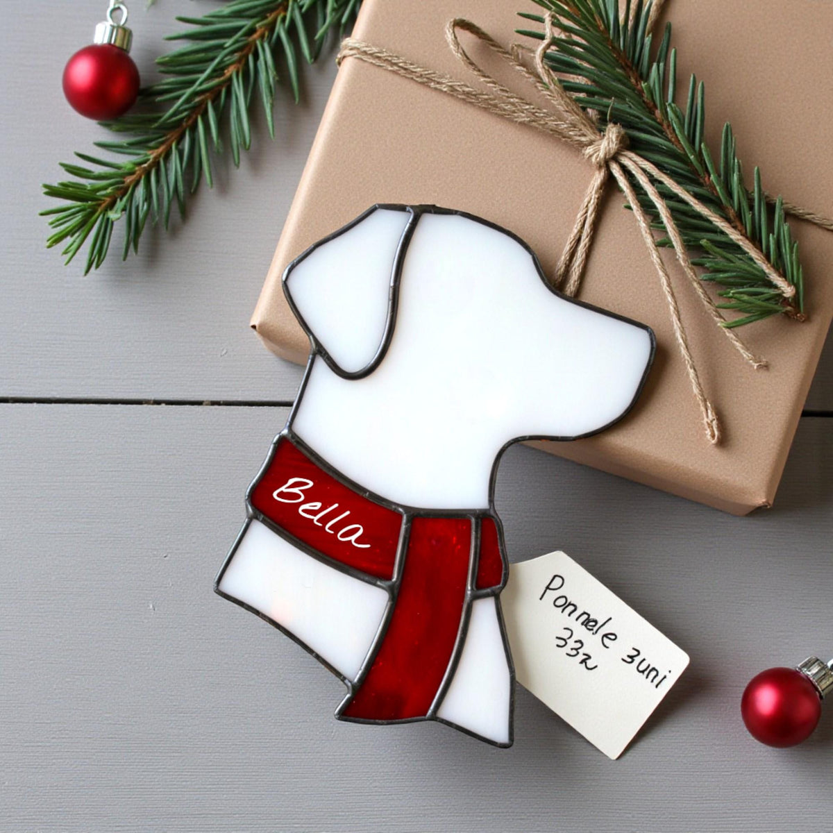 CUSTOM Dog Silhouette Stained Glass Ornament | Personalized Pet Christmas Gift | Dog Head with Scarf Holiday Decor | Free Name Engraving - Image 1