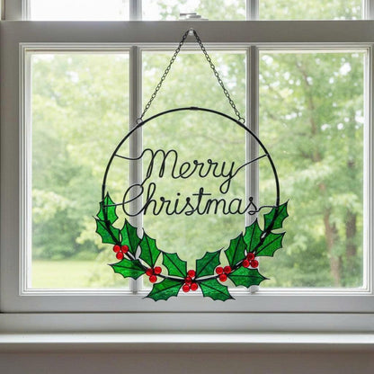 Merry Christmas Wreath Stained Glass Look Metal Sign–Holly Leaves & Red Berries Holiday Door or Window Hanging–Handmade Christmas Décor Gift - Image 4