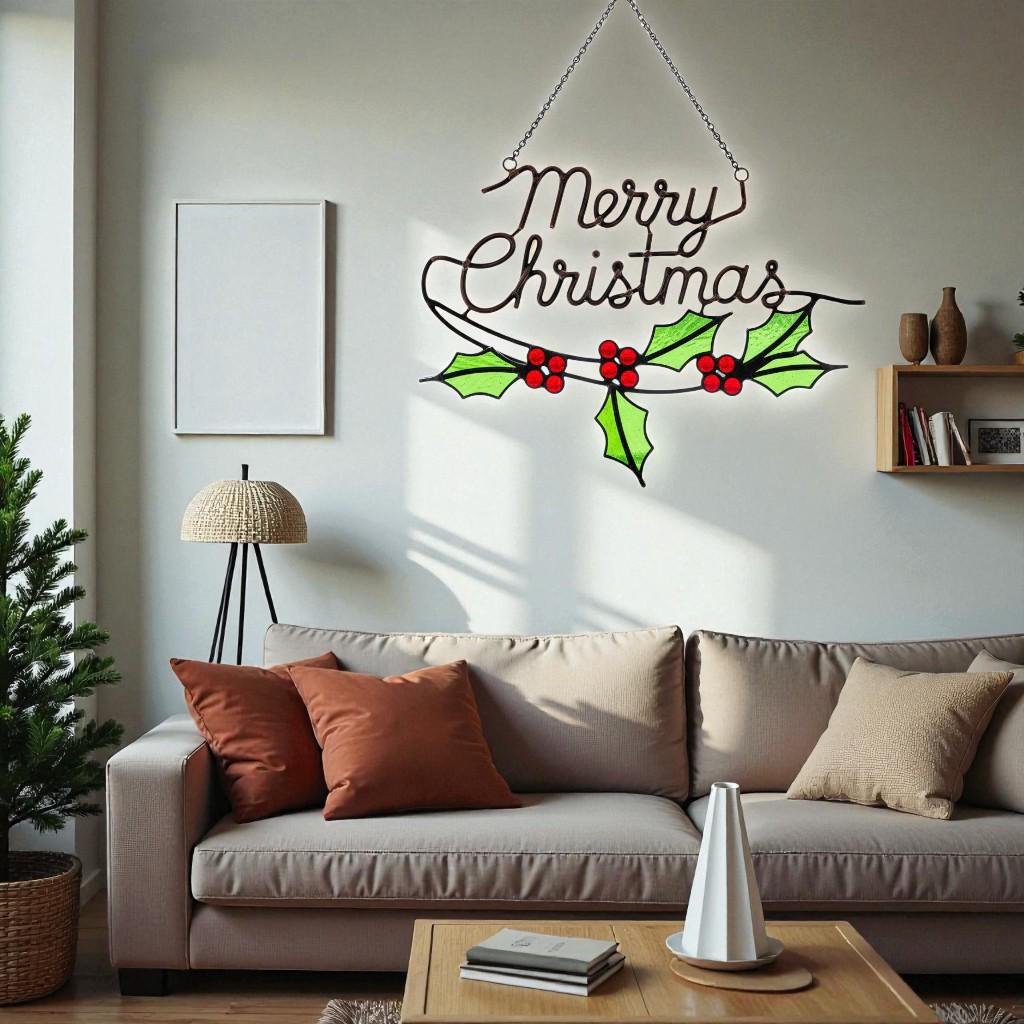 Merry Christmas Wreath Stained Glass Look Metal Sign–Holly Leaves & Red Berries Holiday Door or Window Hanging–Handmade Christmas Décor Gift - Image 6