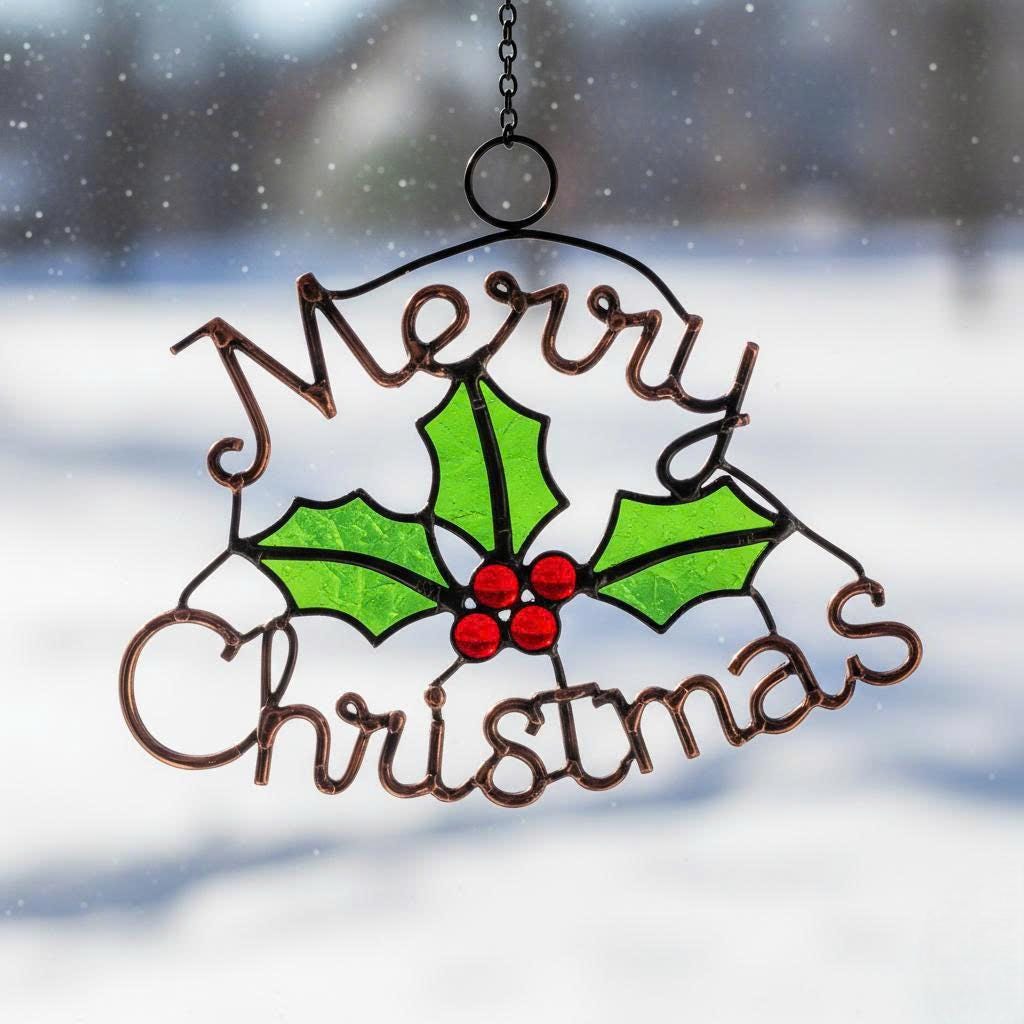 Merry Christmas Wreath Stained Glass Look Metal Sign–Holly Leaves & Red Berries Holiday Door or Window Hanging–Handmade Christmas Décor Gift - Image 7