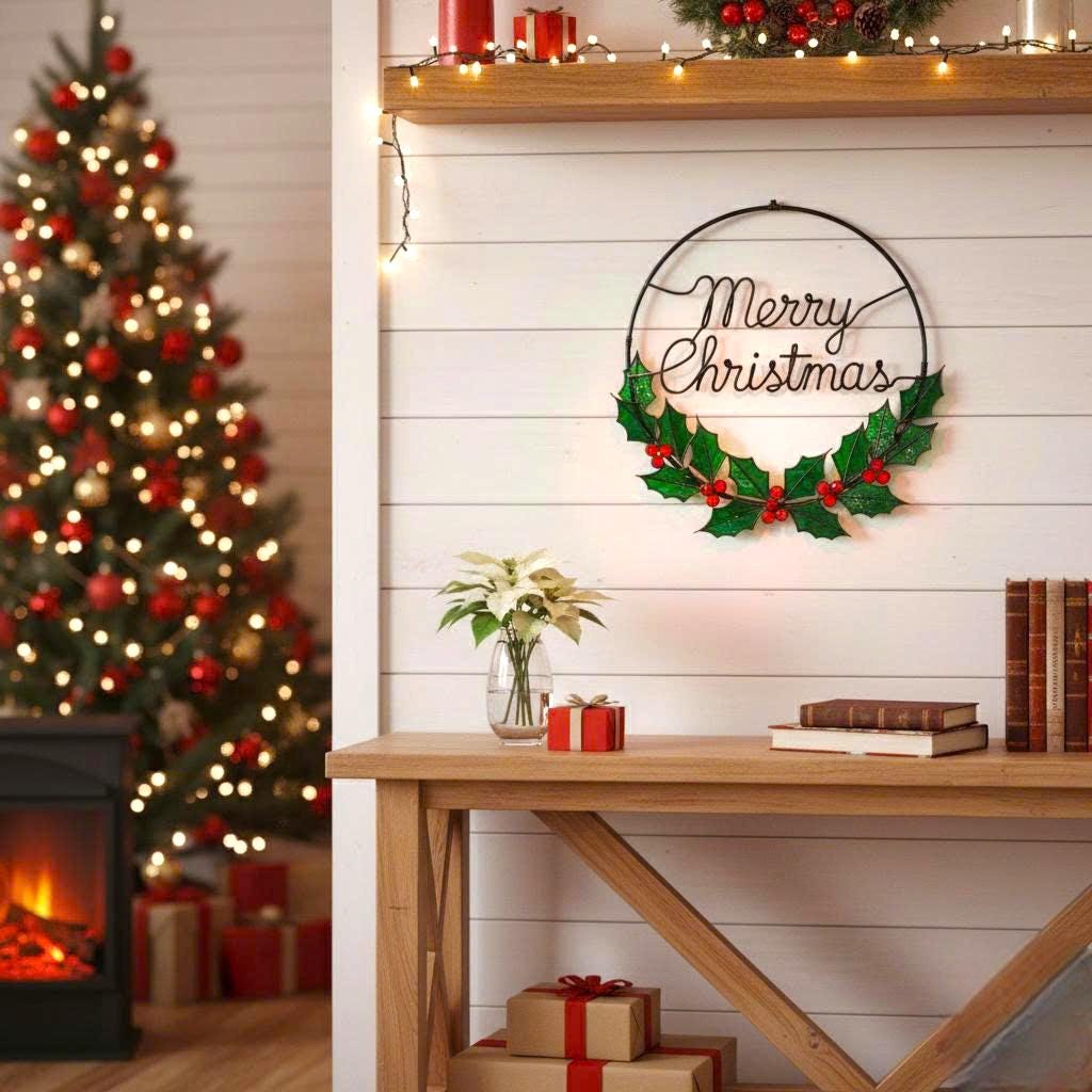 Merry Christmas Wreath Stained Glass Look Metal Sign–Holly Leaves & Red Berries Holiday Door or Window Hanging–Handmade Christmas Décor Gift - Image 15