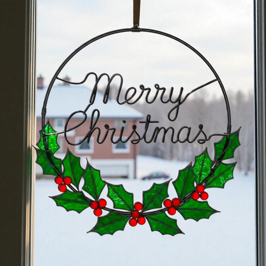 Merry Christmas Wreath Stained Glass Look Metal Sign–Holly Leaves & Red Berries Holiday Door or Window Hanging–Handmade Christmas Décor Gift - Image 2
