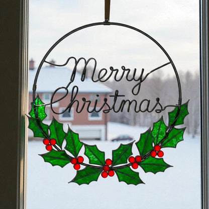 Merry Christmas Wreath Stained Glass Look Metal Sign–Holly Leaves & Red Berries Holiday Door or Window Hanging–Handmade Christmas Décor Gift - Image 2