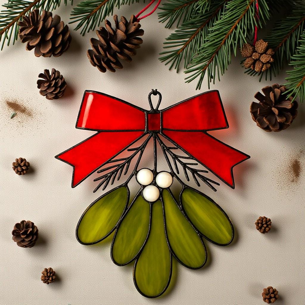 Custom Stained Glass Christmas Ornament Mistletoe Holly,Festive Holiday Decor, Unique Handmade Sun catcher Gift, Custom Color Ribbon Options - Image 17