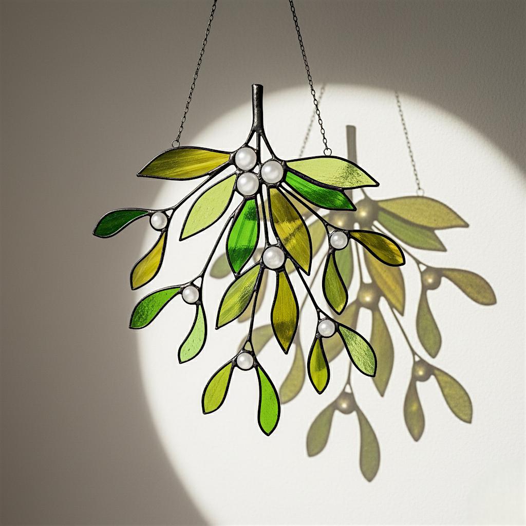 Custom Stained Glass Christmas Ornament Mistletoe Holly,Festive Holiday Decor, Unique Handmade Sun catcher Gift, Custom Color Ribbon Options - Image 4