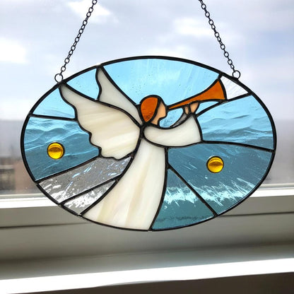 Custom Stained Glass Angel with Trumpet – Personalized Christmas Window Hanging | Handmade Holiday Suncatcher Gift - Image 1