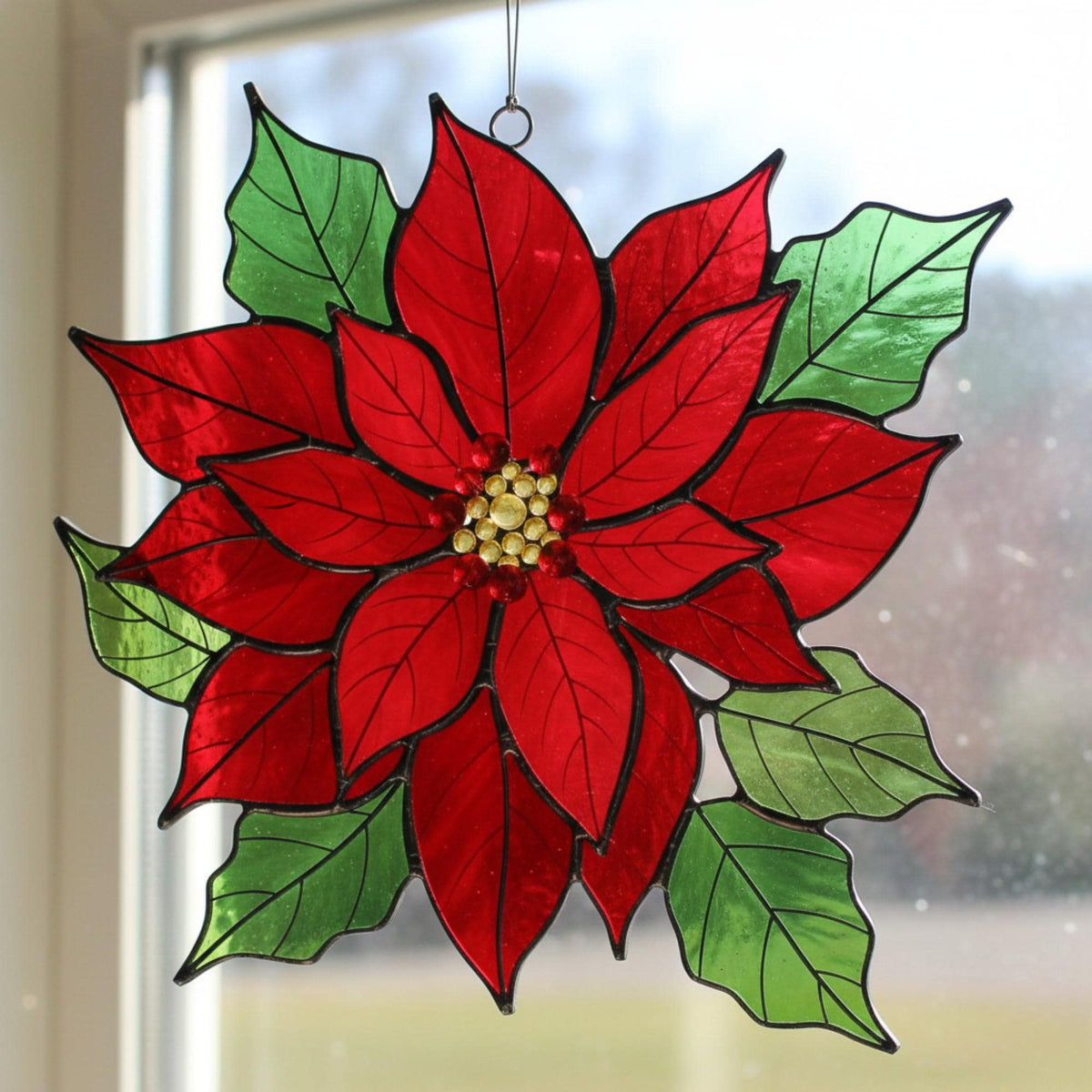 Stained Glass Poinsettia Suncatcher, Custom Christmas Window Decor, Holiday Poinsettia Gift for Mom, 5 Designs, Ready to Hang - Image 1