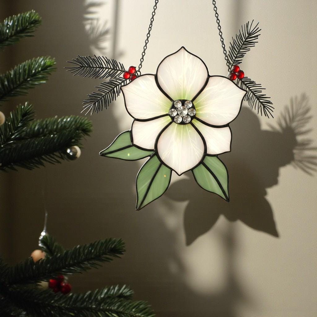 Stained Glass Christmas Rose Hellebore, Winter Flower Suncatcher, Window Hanging Ornament, Potted Plant Stake, Xmas Holiday Decor Gift - Image 8