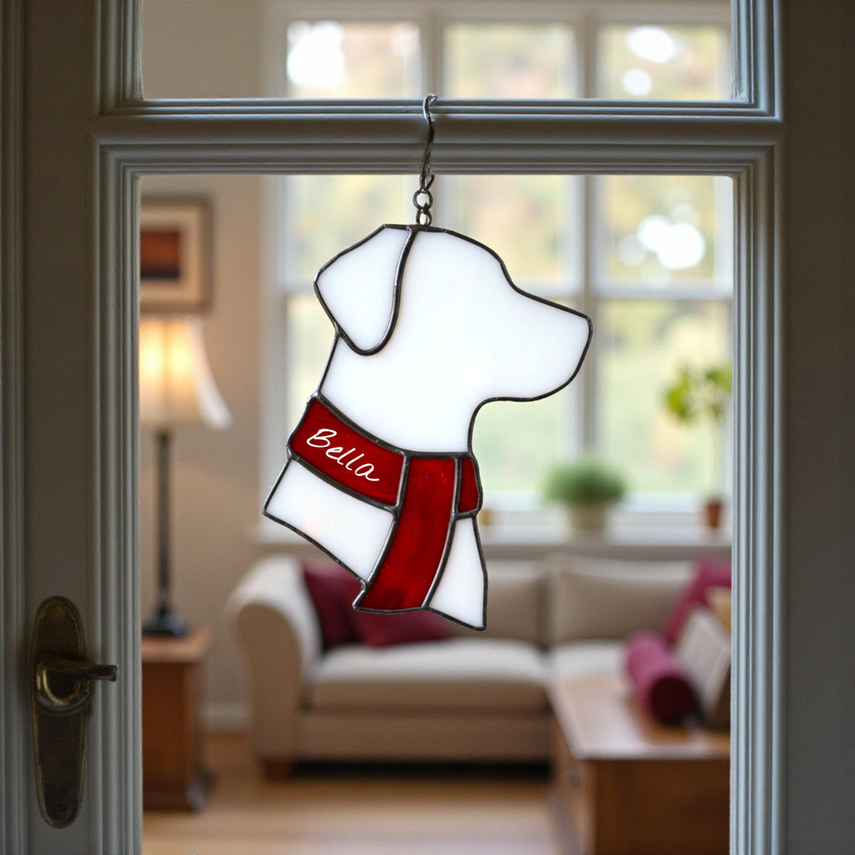 CUSTOM Dog Silhouette Stained Glass Ornament | Personalized Pet Christmas Gift | Dog Head with Scarf Holiday Decor | Free Name Engraving - Image 5