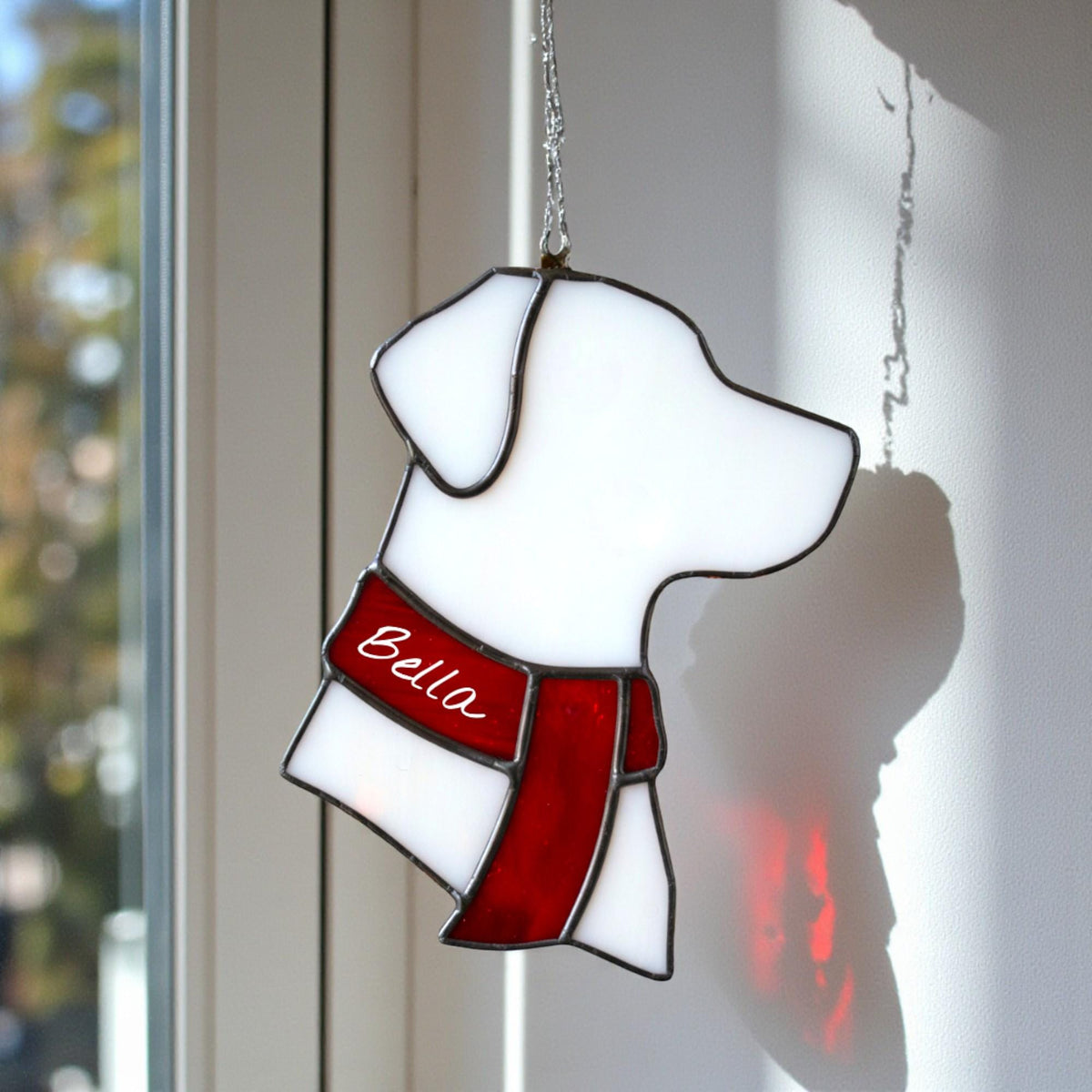 CUSTOM Dog Silhouette Stained Glass Ornament | Personalized Pet Christmas Gift | Dog Head with Scarf Holiday Decor | Free Name Engraving - Image 9