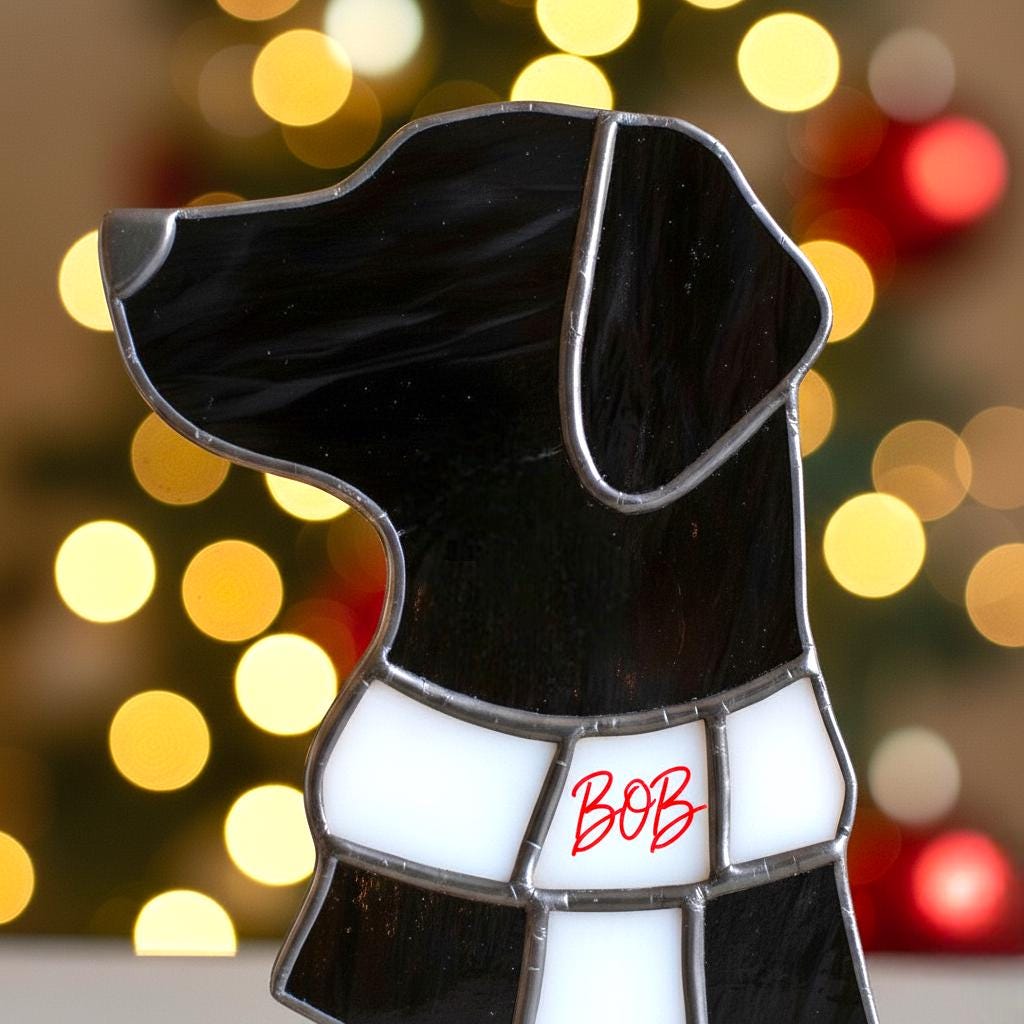 CUSTOM Dog Silhouette Stained Glass Ornament | Personalized Pet Christmas Gift | Dog Head with Scarf Holiday Decor | Free Name Engraving - Image 6