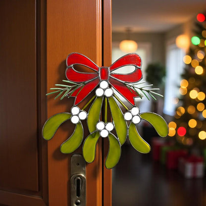 Custom Stained Glass Christmas Ornament Mistletoe Holly,Festive Holiday Decor, Unique Handmade Sun catcher Gift, Custom Color Ribbon Options - Image 14