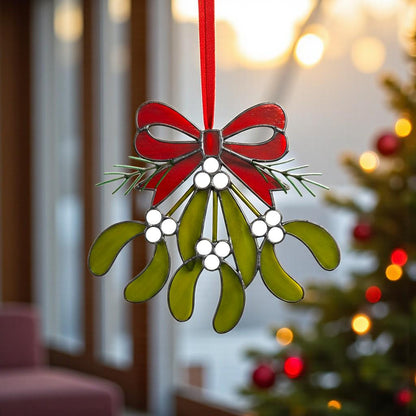 Custom Stained Glass Christmas Ornament Mistletoe Holly,Festive Holiday Decor, Unique Handmade Sun catcher Gift, Custom Color Ribbon Options - Image 11