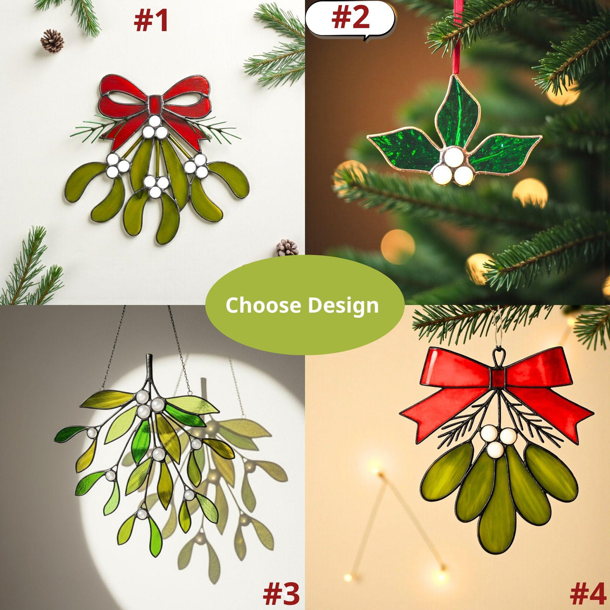 Custom Stained Glass Christmas Ornament Mistletoe Holly,Festive Holiday Decor, Unique Handmade Sun catcher Gift, Custom Color Ribbon Options - Image 8