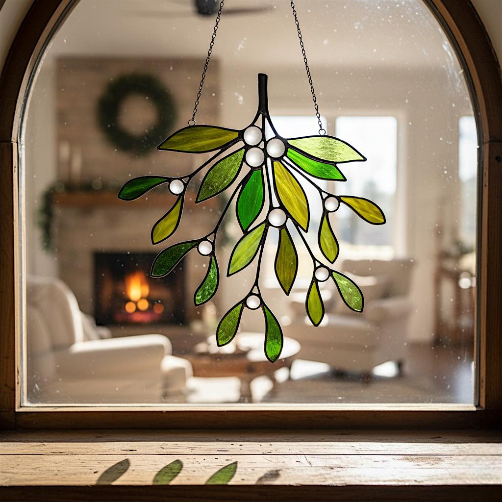 Custom Stained Glass Christmas Ornament Mistletoe Holly,Festive Holiday Decor, Unique Handmade Sun catcher Gift, Custom Color Ribbon Options - Image 12