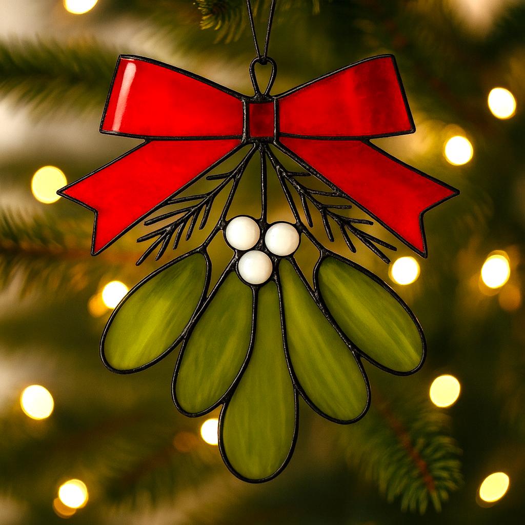 Custom Stained Glass Christmas Ornament Mistletoe Holly,Festive Holiday Decor, Unique Handmade Sun catcher Gift, Custom Color Ribbon Options - Image 7