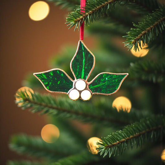 Custom Stained Glass Christmas Ornament Mistletoe Holly,Festive Holiday Decor, Unique Handmade Sun catcher Gift, Custom Color Ribbon Options - Image 19